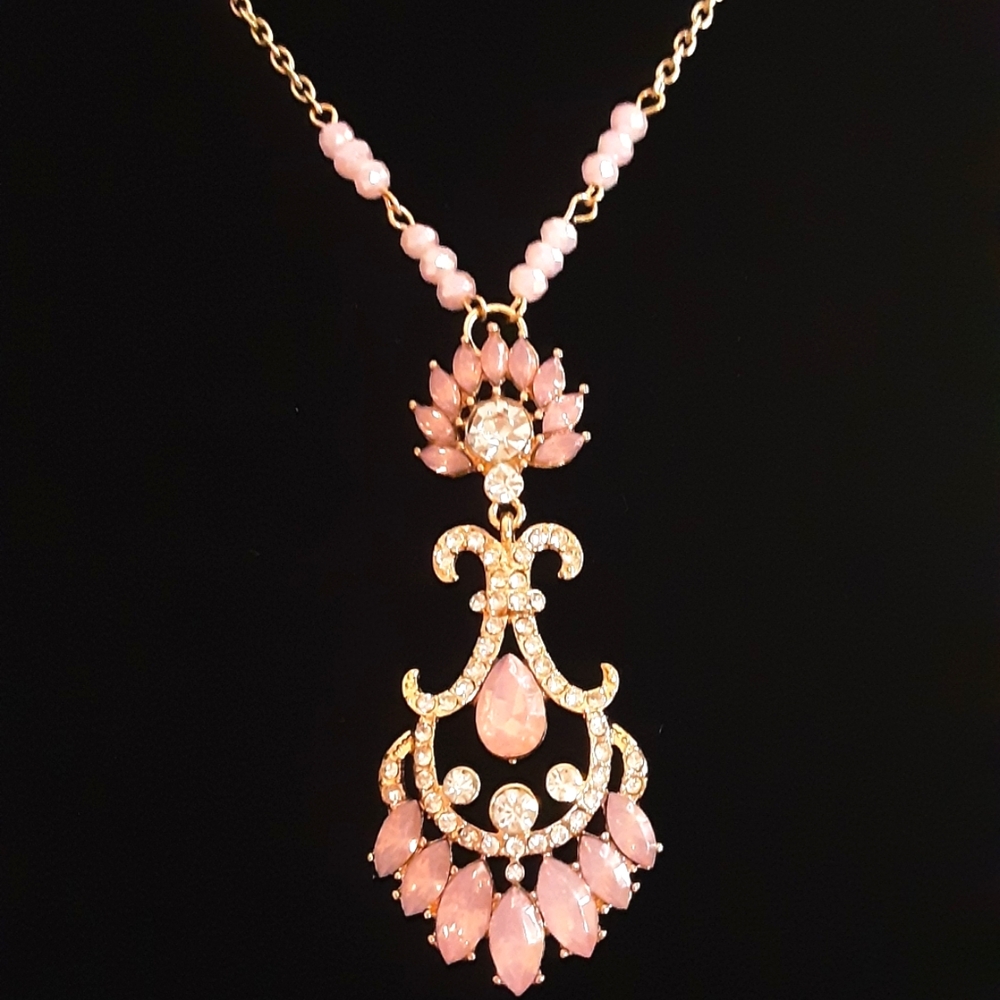 Hand Crafted Elegant Necklace Pink Gold 26" Chain Formal - Picture 2 of 3